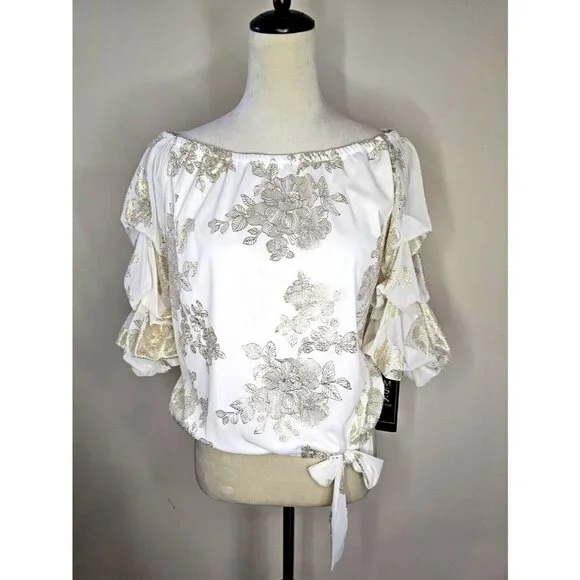 MSK Metallic Lantern-Sleeve Off-The-Shoulder Top Size PL Blouse Fancy Wedding - Picture 1 of 10